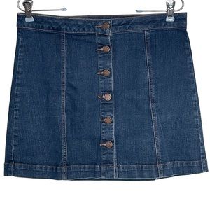 WDG Denim Skirt Button Front Boho Rodeo Dark Wash Above Knee Brass Buttons 30/12